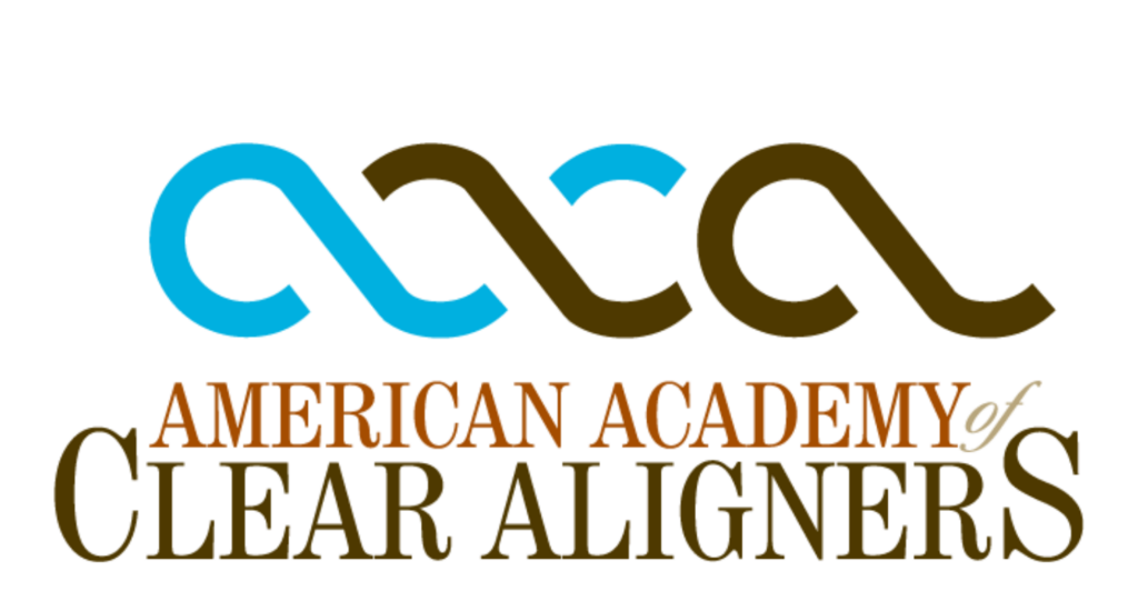 Logo for the American Academy of Clear Aligners, ideal for any dentist, featuring stylized lowercase letters aaca in blue and brown above the organizationâ€™s name in brown and orange text.