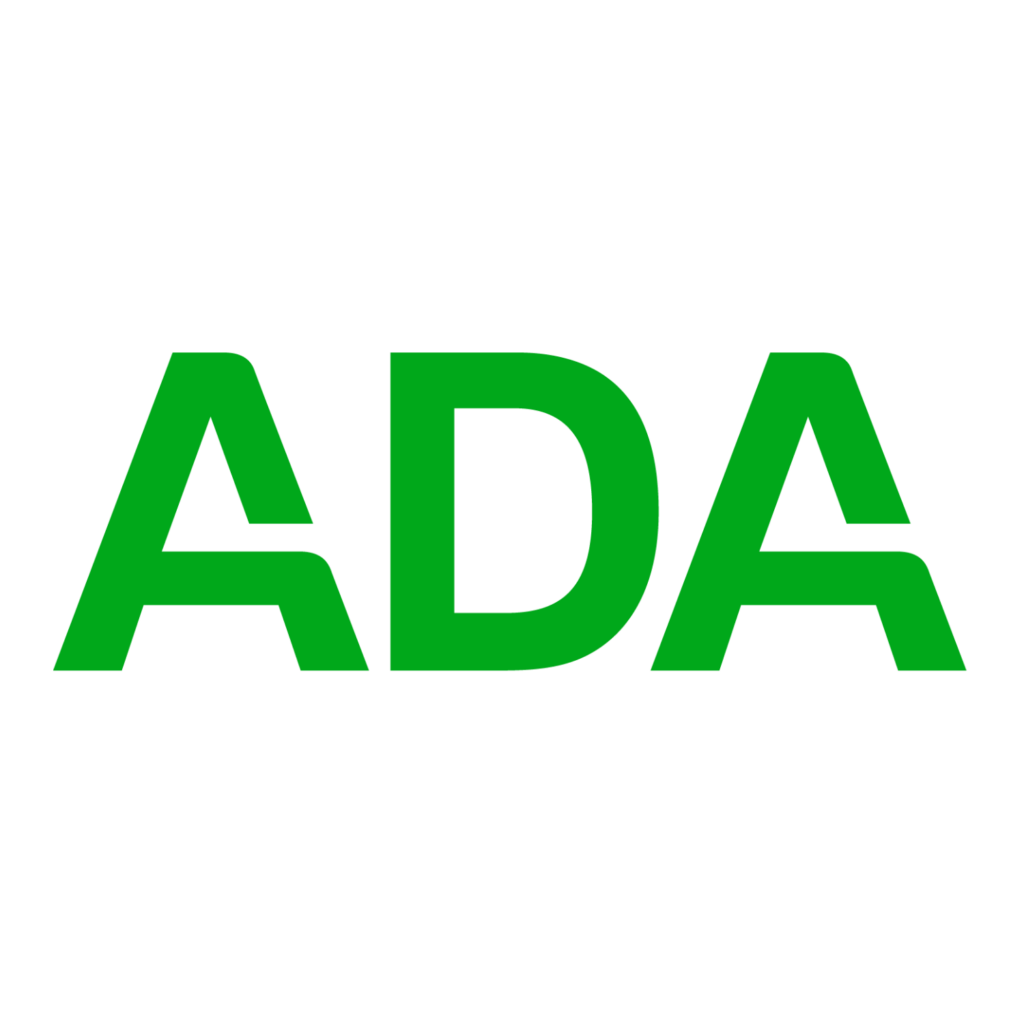 Green, bold uppercase letters ADA, often linked to dentist organizations, displayed on a plain white background.