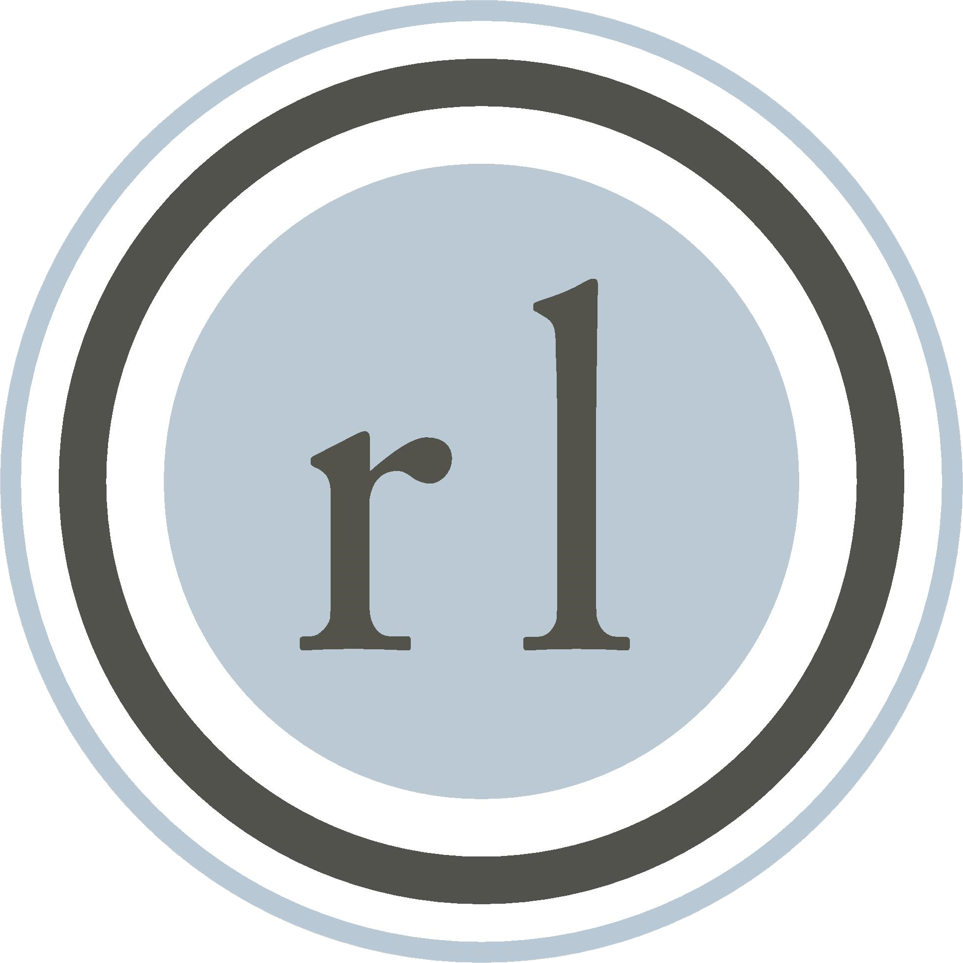 A circular logo with a light blue center, displaying the lowercase letters r and l in a serif fontâ€”perfect for a dentist. The circle is bordered by concentric rings in dark gray, white, and light blue.