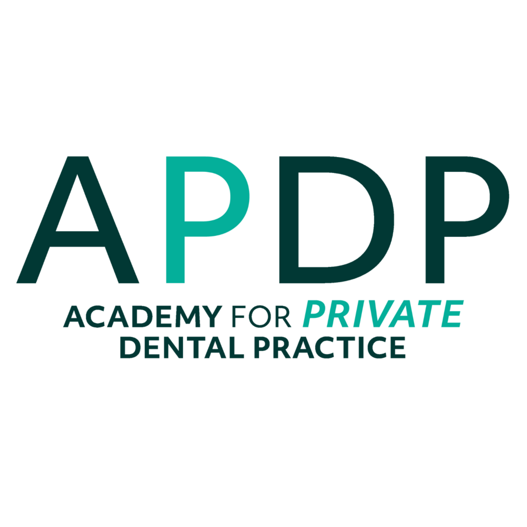 Logo with large letters APDP above the words Academy for Private Dental Practice. The word Private is italicized and in teal, highlighting its focus for any dentist, while the rest of the text is black on a white background.