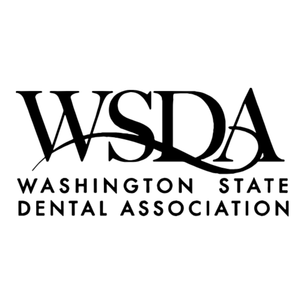 Black and white logo featuring the large letters WSDA above "Washington State Dental Association" in uppercase, all set on a plain white background, representing professional dentist standards.