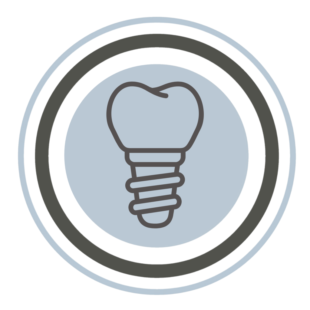 A simple line drawing of a dental implant inside a blue-gray circle, surrounded by black, white, and blue concentric rings. The image represents dental care or dentist services focused on tooth implants.