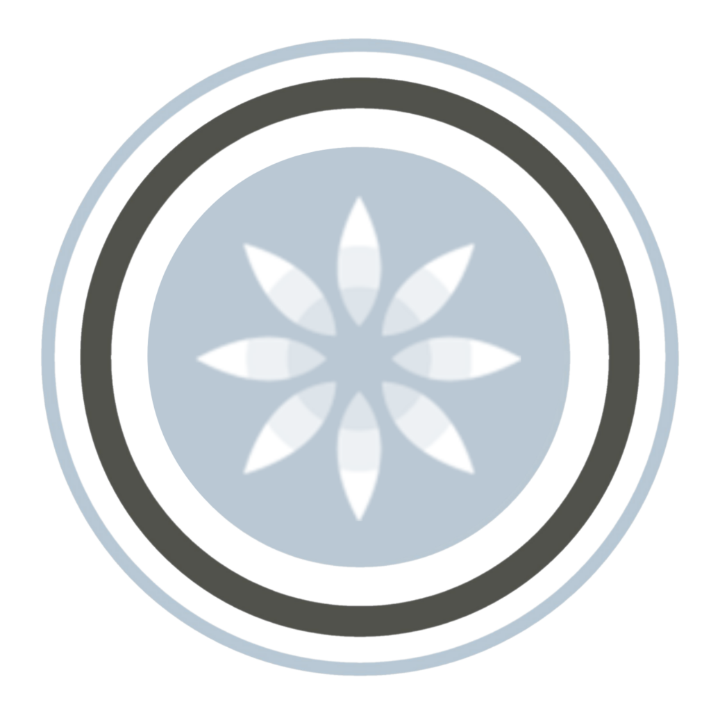 A circular design with two thick outer rings, one light blue and one dark gray, surrounds a pale blue center featuring an eight-petaled white geometric flower patternâ€”a modern emblem perfect for a dentistâ€™s office.
