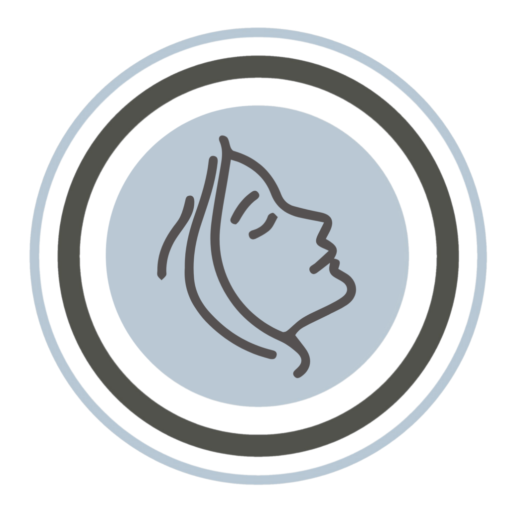 A minimalist line drawing of a person's side profile, facing up, is centered within blue, black, and white concentric circles on a light backgroundâ€”evoking the calm confidence often found in a skilled dentist.