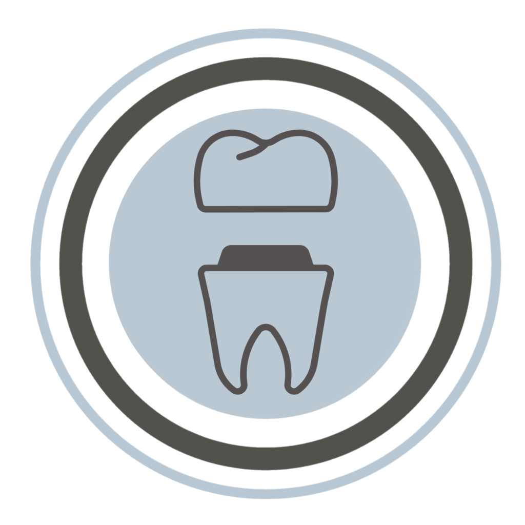 A simple icon showing a dentist placing a dental crown on a tooth, with gray outlines and a blue circular background surrounded by black and white rings.