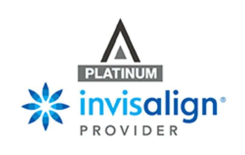 Logo with a black triangle above a gray PLATINUM bar, a blue starburst shape, and the text invisalign PROVIDER, highlighting a Platinum-level Invisalign provider and experienced dentist.